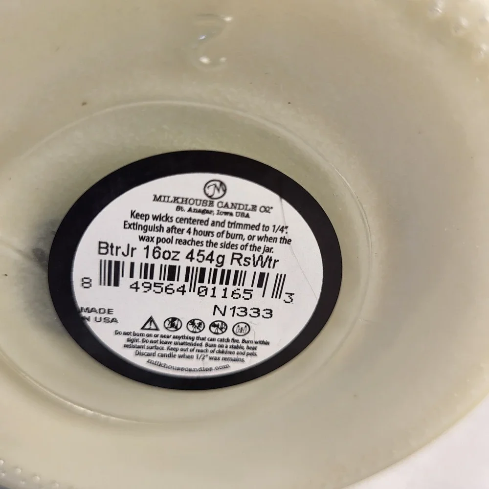 New Milkhouse Candle- Rosewater (Retired Scent) Double Wick 16 Ounce Jar Candle